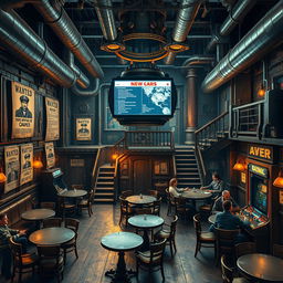 A rugged, metal-clad tavern room with the hum of machinery and the hiss of steam pipes