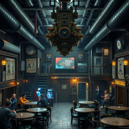 A rugged, metal-clad tavern room with the hum of machinery and the hiss of steam pipes