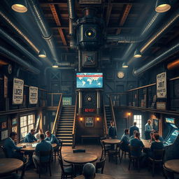 A rugged, metal-clad tavern room with the hum of machinery and the hiss of steam pipes