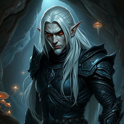 A powerful male drow, a mystical dark elf with striking red eyes and long white hair flowing down his back