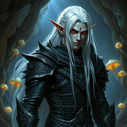 A powerful male drow, a mystical dark elf with striking red eyes and long white hair flowing down his back