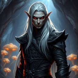 A powerful male drow, a mystical dark elf with striking red eyes and long white hair flowing down his back