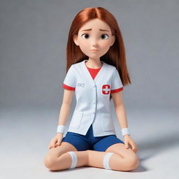 A full-body display of a brave teen female cartoon character, with a serious, resolute expression, demonstrating readiness to apply her first aid knowledge.