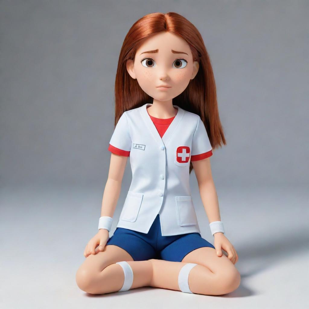 A full-body display of a brave teen female cartoon character, with a serious, resolute expression, demonstrating readiness to apply her first aid knowledge.