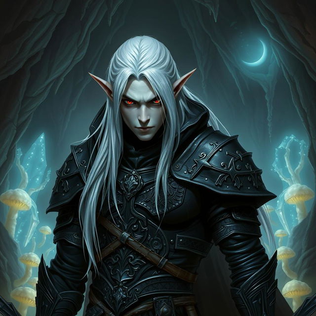 A powerful male drow, a mystical dark elf with striking red eyes and long white hair flowing down his back