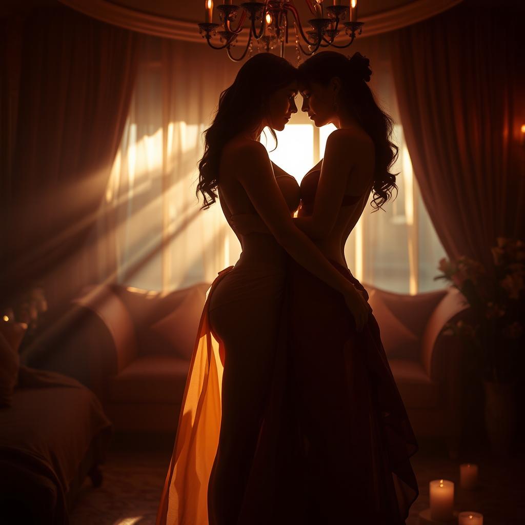 A sensual and evocative atmosphere featuring a harmonious blend of romantic lighting and alluring figures