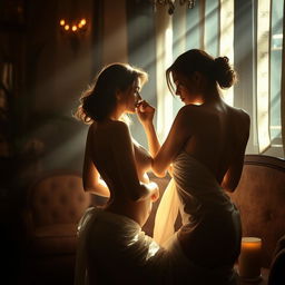 A sensual and evocative atmosphere featuring a harmonious blend of romantic lighting and alluring figures