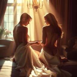 A sensual and evocative atmosphere featuring a harmonious blend of romantic lighting and alluring figures