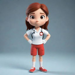 A full-body display of a brave teen female cartoon character, with a serious, resolute expression, demonstrating readiness to apply her first aid knowledge.