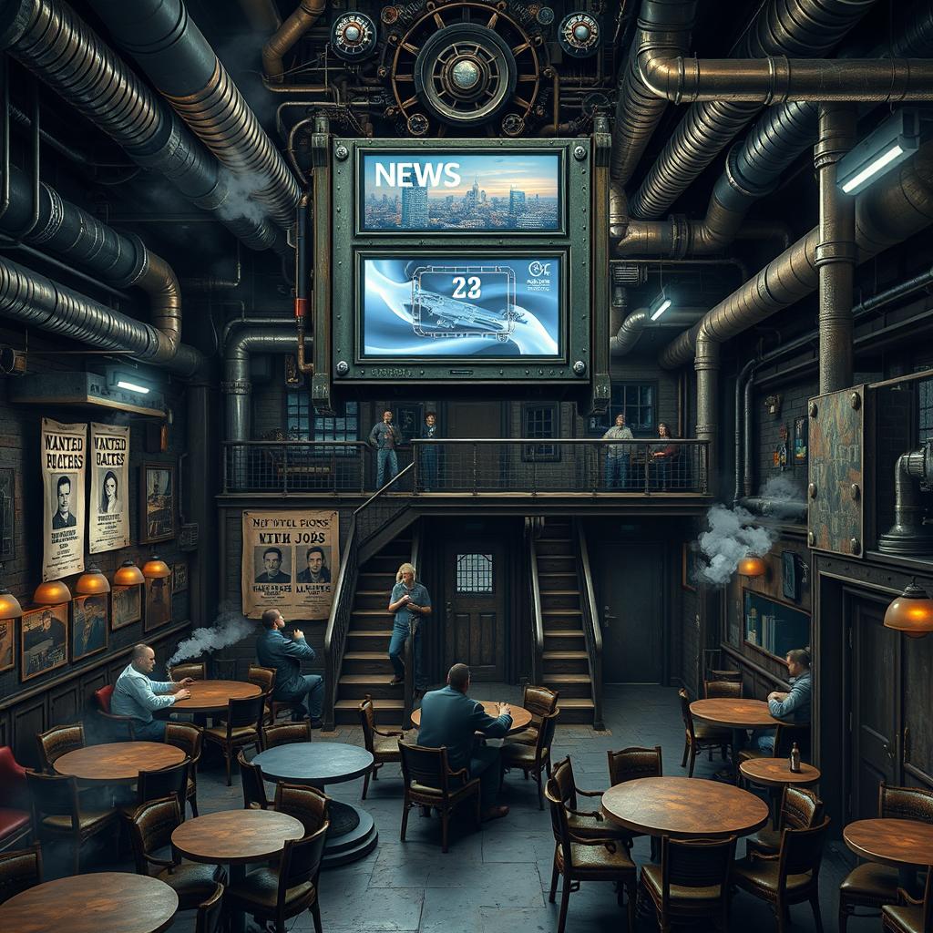 A rugged, metal-clad tavern room with the hum of machinery and the hiss of steam pipes