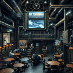 A rugged, metal-clad tavern room with the hum of machinery and the hiss of steam pipes