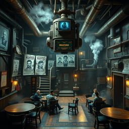 A rugged, metal-clad tavern room with the hum of machinery and the hiss of steam pipes