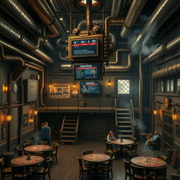 A rugged, metal-clad tavern room with the hum of machinery and the hiss of steam pipes