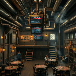 A rugged, metal-clad tavern room with the hum of machinery and the hiss of steam pipes