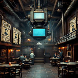 A rugged, metal-clad tavern room with the hum of machinery and the hiss of steam pipes