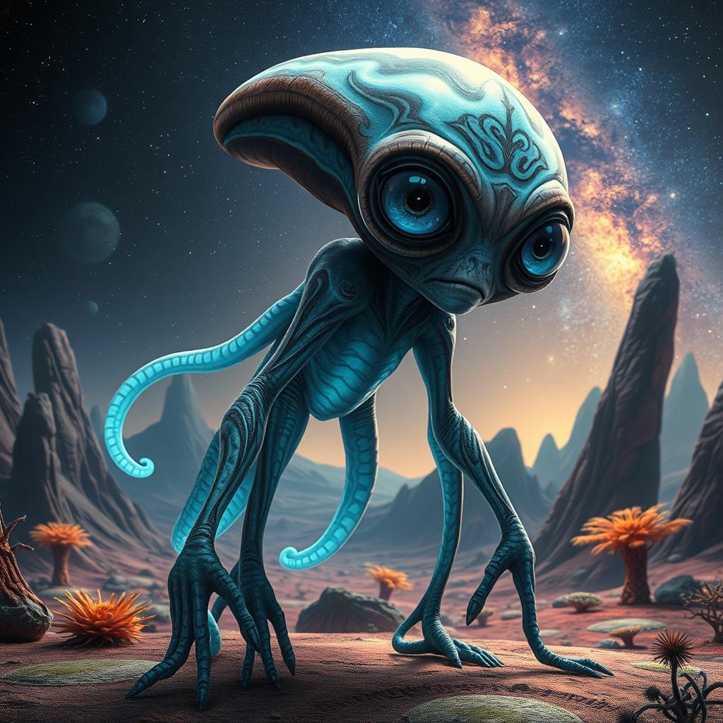 A mysterious and otherworldly alien with unique features such as elongated limbs, luminescent skin with swirling patterns, and large, expressive eyes