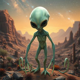 A mysterious and otherworldly alien with unique features such as elongated limbs, luminescent skin with swirling patterns, and large, expressive eyes