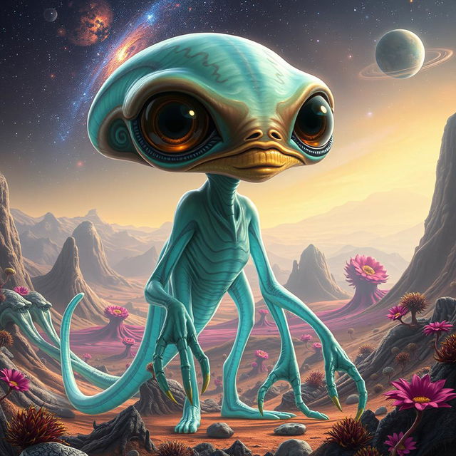 A mysterious and otherworldly alien with unique features such as elongated limbs, luminescent skin with swirling patterns, and large, expressive eyes