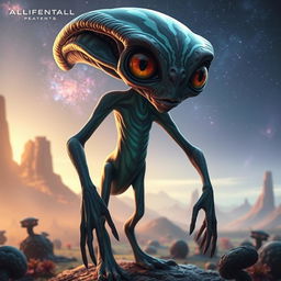 A mysterious and otherworldly alien with unique features such as elongated limbs, luminescent skin with swirling patterns, and large, expressive eyes