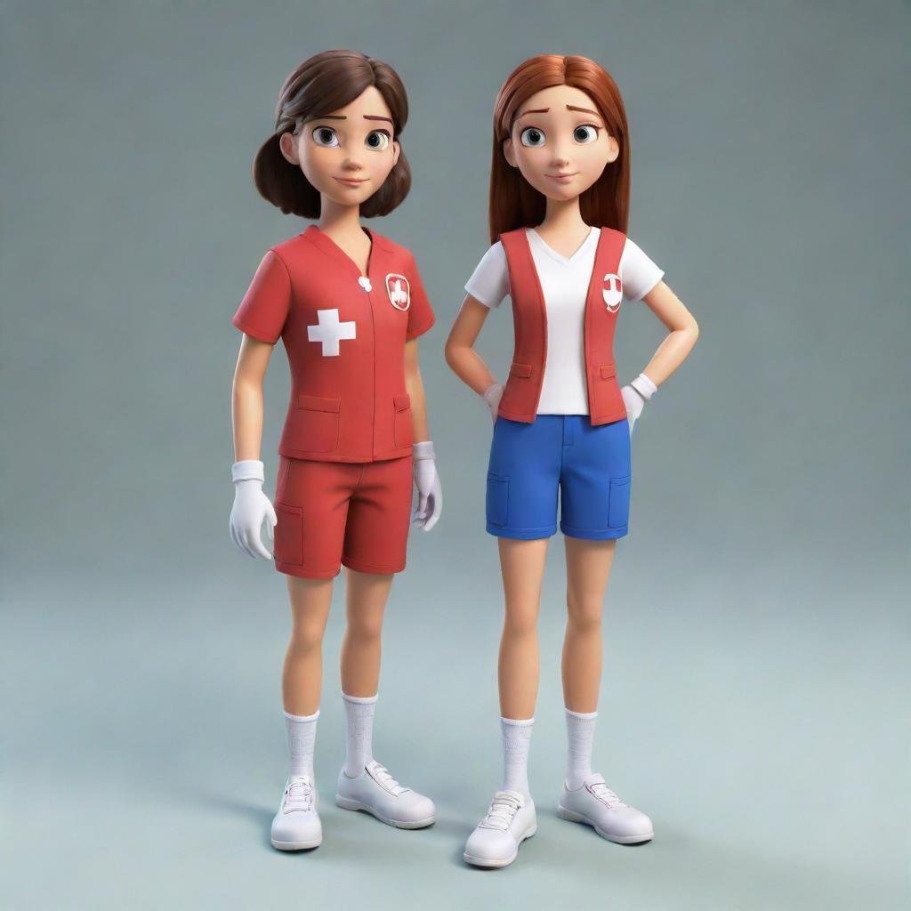 A full-body depiction of a determined and brave teen female cartoon character, wearing a resolute expression, prepared to utilize her first aid expertise.