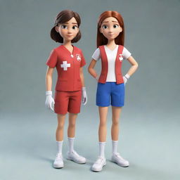 A full-body depiction of a determined and brave teen female cartoon character, wearing a resolute expression, prepared to utilize her first aid expertise.