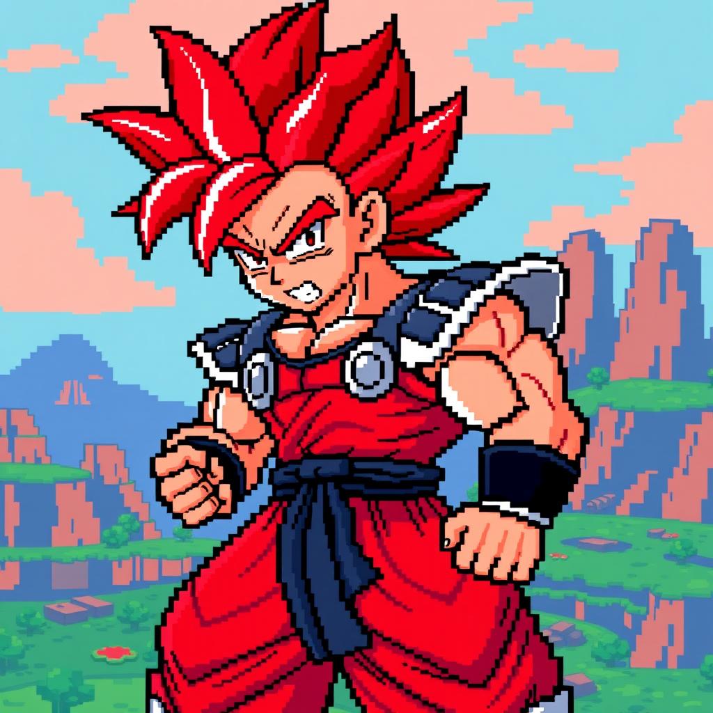 Brolly in his Super Saiyan Red form depicted in an 8-bit pixel art style, showcasing vibrant red hair and fierce expression, with a muscular build and traditional Saiyan armor