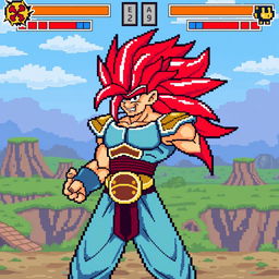 Brolly in his Super Saiyan Red form depicted in an 8-bit pixel art style, showcasing vibrant red hair and fierce expression, with a muscular build and traditional Saiyan armor