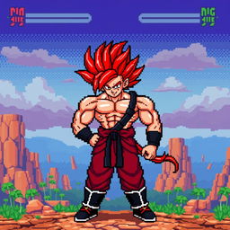 Brolly in his Super Saiyan Red form depicted in an 8-bit pixel art style, showcasing vibrant red hair and fierce expression, with a muscular build and traditional Saiyan armor