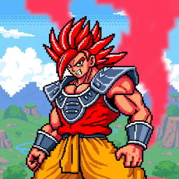 Brolly in his Super Saiyan Red form depicted in an 8-bit pixel art style, showcasing vibrant red hair and fierce expression, with a muscular build and traditional Saiyan armor