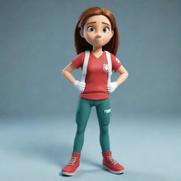 A full-body depiction of a determined and brave teen female cartoon character, wearing a resolute expression, prepared to utilize her first aid expertise.