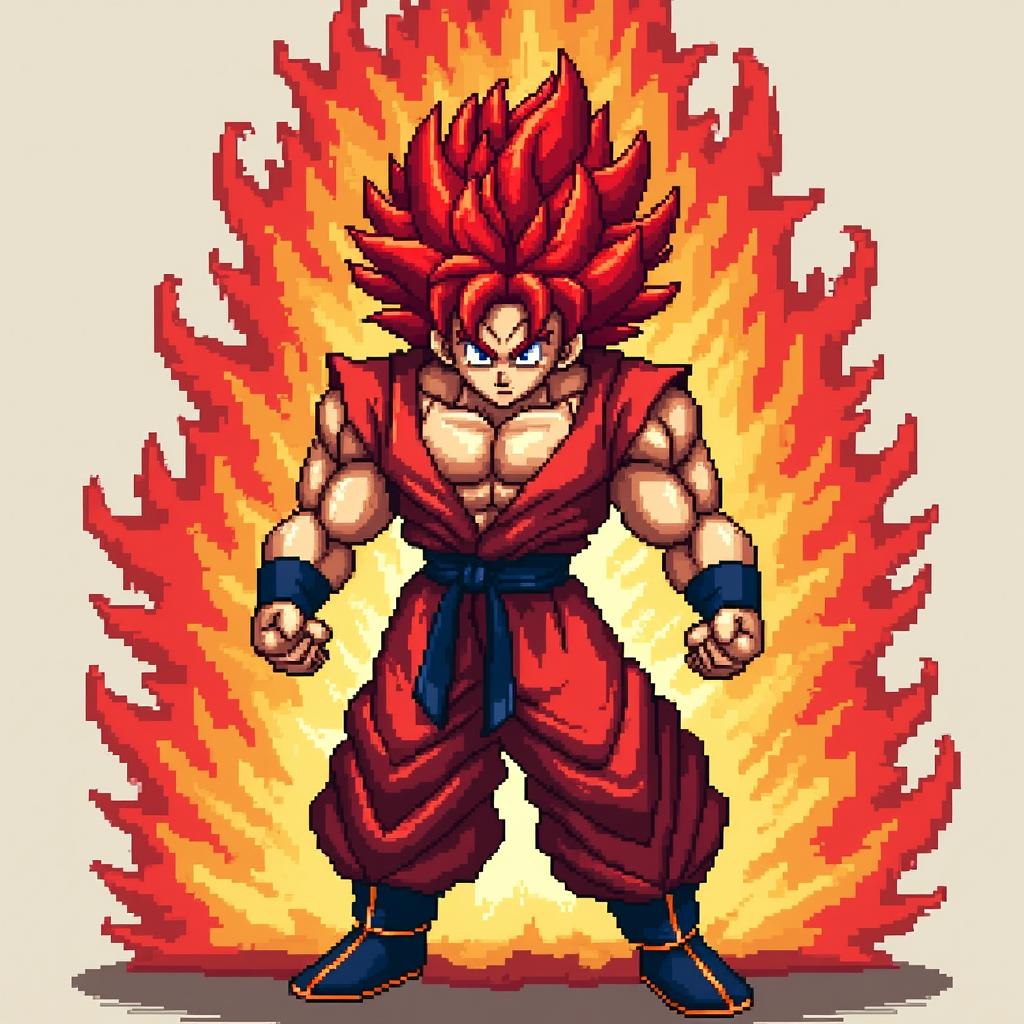 An 8-bit pixel art style depiction of Brolly in Super Saiyan Red form from the Dragon Ball universe, featuring his signature muscular build, fiery red hair and aura, and fierce expression