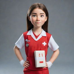 A full-body depiction of a determined and brave teen female cartoon character, wearing a resolute expression, prepared to utilize her first aid expertise.