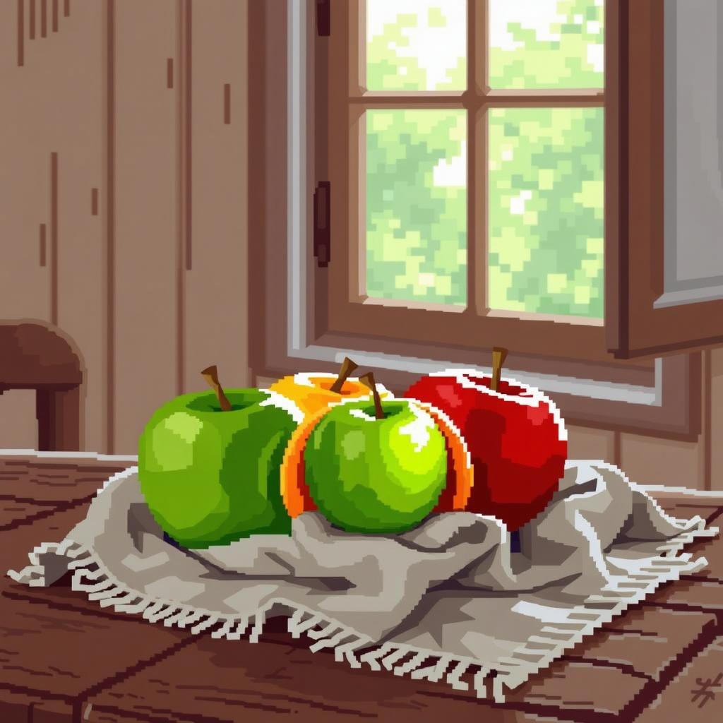 pixel art of a rustic kitchen with a wooden table