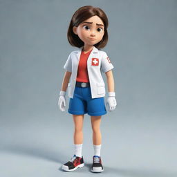 A full-body depiction of a determined and brave teen female cartoon character, wearing a resolute expression, prepared to utilize her first aid expertise.