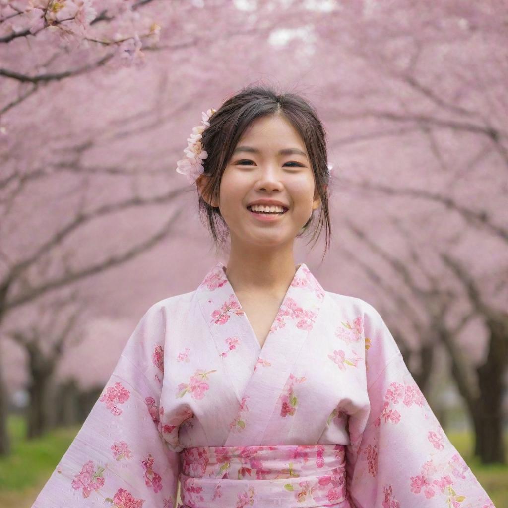 A cheerful, young Japanese girl, captured in a moment of pure joy, wearing a summery kimono, with cherry blossoms gently falling in the background.