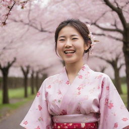 A cheerful, young Japanese girl, captured in a moment of pure joy, wearing a summery kimono, with cherry blossoms gently falling in the background.