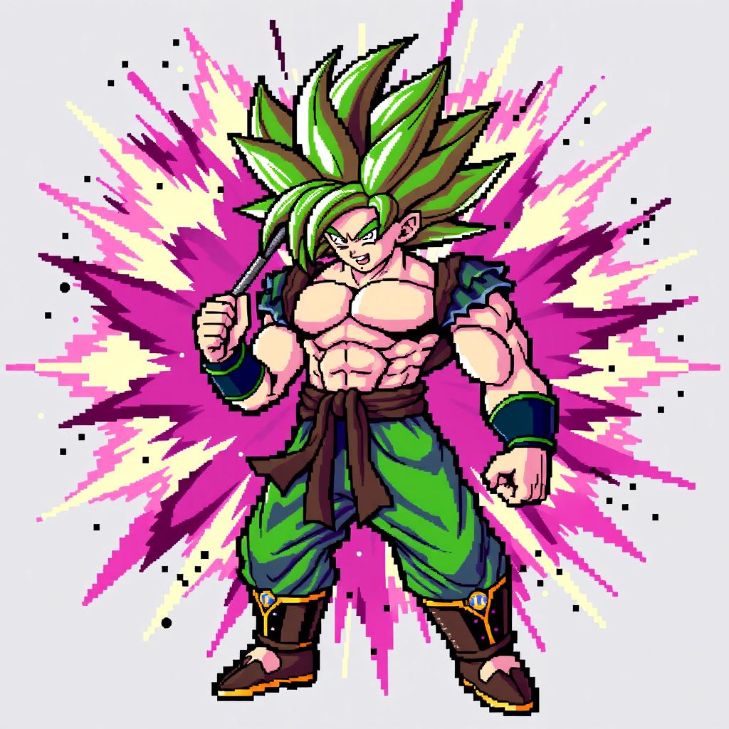 Brolly in Super Saiyan Green form with his legendary green aura, depicted in vibrant 8-bit pixel art style