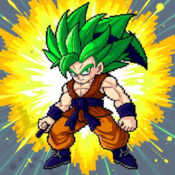 Brolly in Super Saiyan Green form with his legendary green aura, depicted in vibrant 8-bit pixel art style