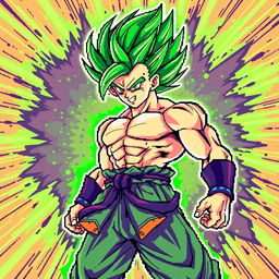 Brolly in Super Saiyan Green form with his legendary green aura, depicted in vibrant 8-bit pixel art style