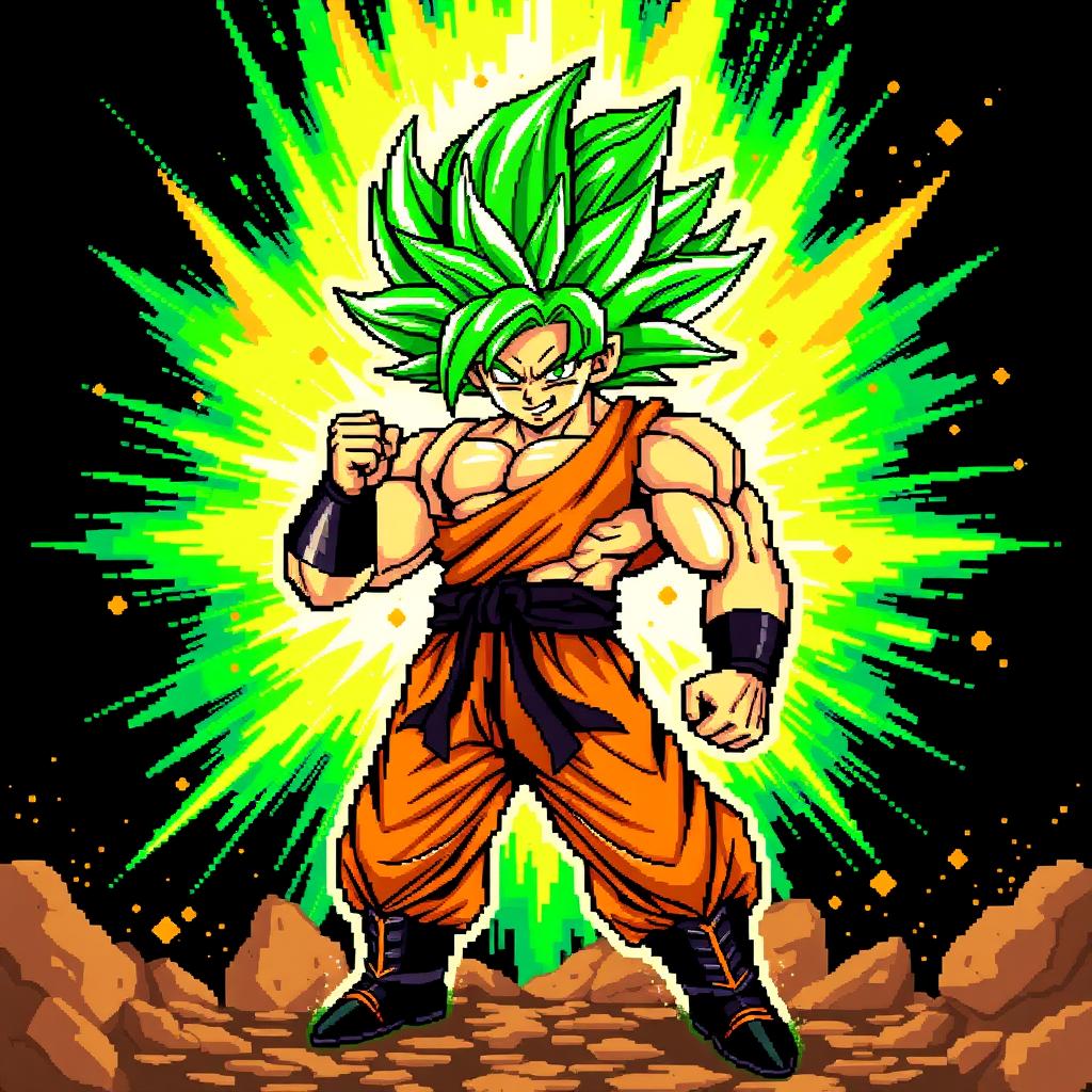 Brolly in Super Saiyan Green form with his legendary green aura, depicted in vibrant 8-bit pixel art style