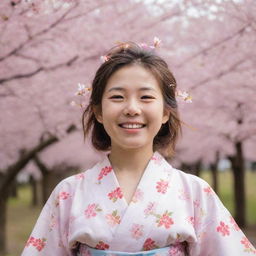 A cheerful, young Japanese girl, captured in a moment of pure joy, wearing a summery kimono, with cherry blossoms gently falling in the background.