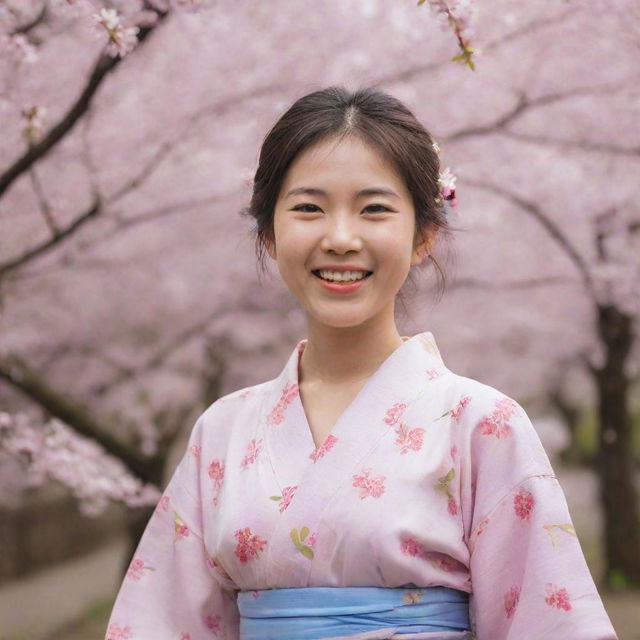 A cheerful, young Japanese girl, captured in a moment of pure joy, wearing a summery kimono, with cherry blossoms gently falling in the background.