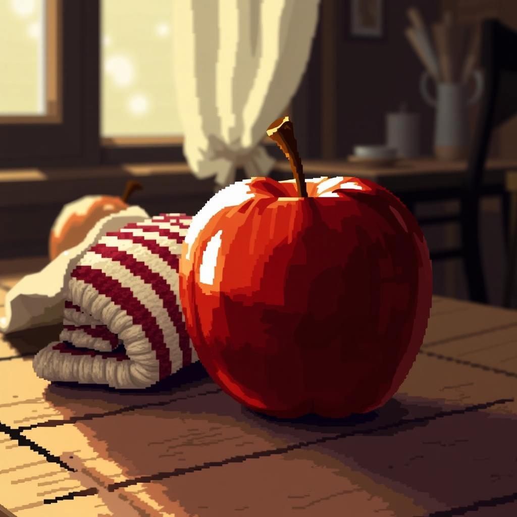 pixel art scene of a kitchen with a sunlit window in the background, featuring a red apple with a knife next to it and a great striped towel lying on the wooden table, the atmosphere is warm and cozy, soft shadows cast across the table, detailed textures of wood and fabric