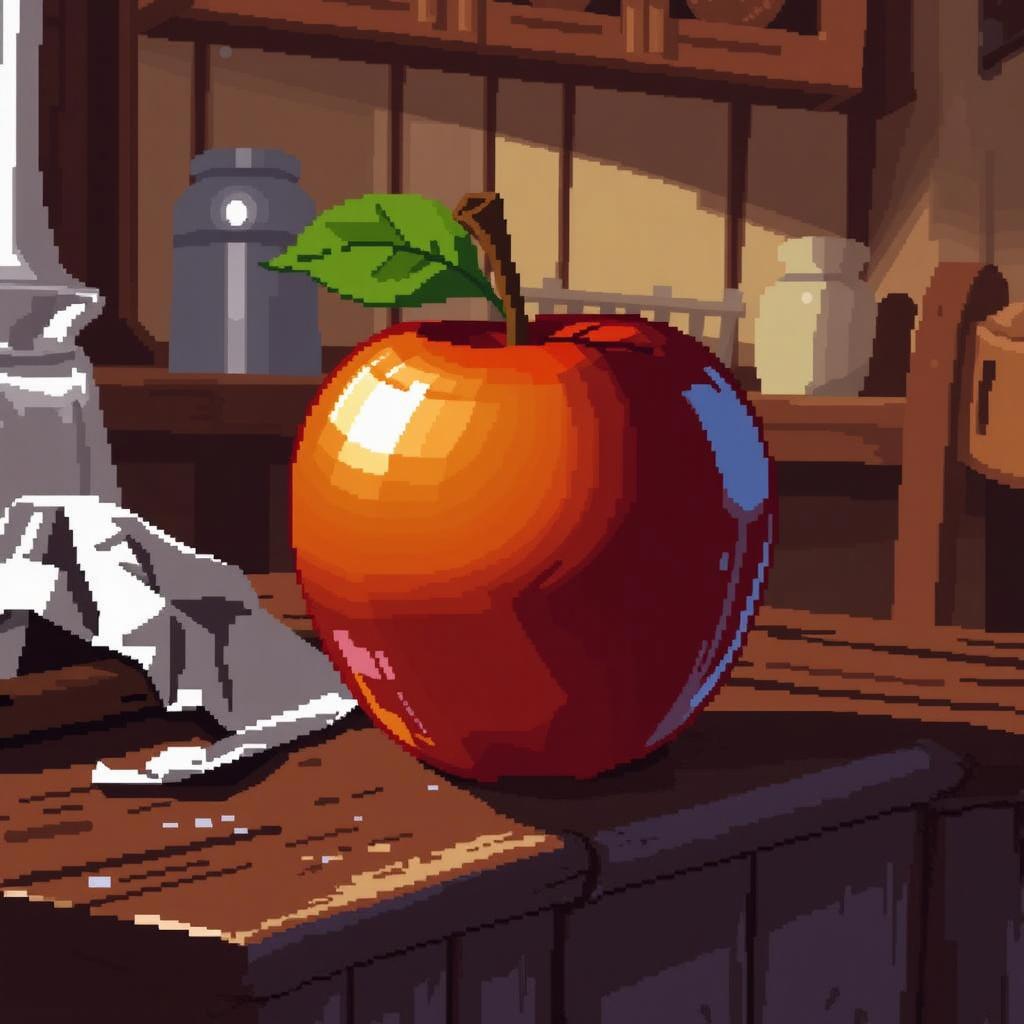 pixel art featuring an apple on a rustic wooden table, the apple is perfectly round with detailed shading and highlighting, a prominent striped towel lies draped across the table for visual appeal, the background suggests a cozy kitchen setting with warm, soft lighting and vintage elements, creating a nostalgic and inviting atmosphere