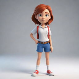 A full-body image of a brave teen female cartoon character, dressed in simple clothes, with a stern expression. She is showcasing foreshortening technique, ready to apply her knowledge of first aid.