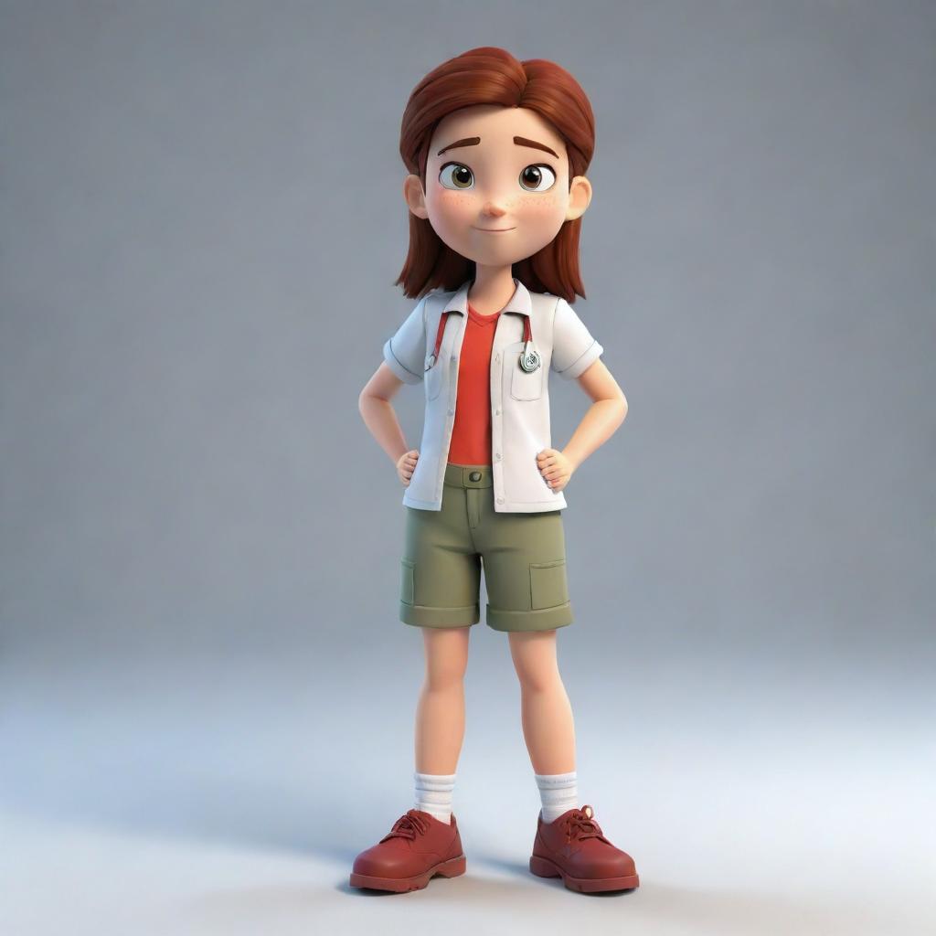 A full-body image of a brave teen female cartoon character, dressed in simple clothes, with a stern expression. She is showcasing foreshortening technique, ready to apply her knowledge of first aid.