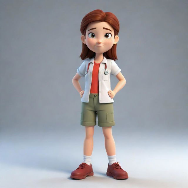 A full-body image of a brave teen female cartoon character, dressed in simple clothes, with a stern expression. She is showcasing foreshortening technique, ready to apply her knowledge of first aid.