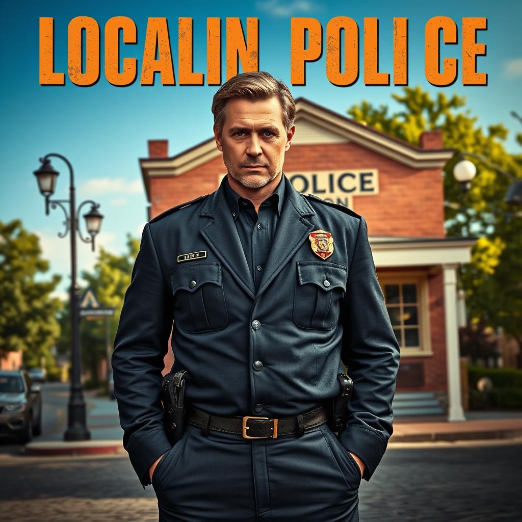 A movie poster featuring a charismatic and determined local law enforcement officer, standing in front of a small-town police station