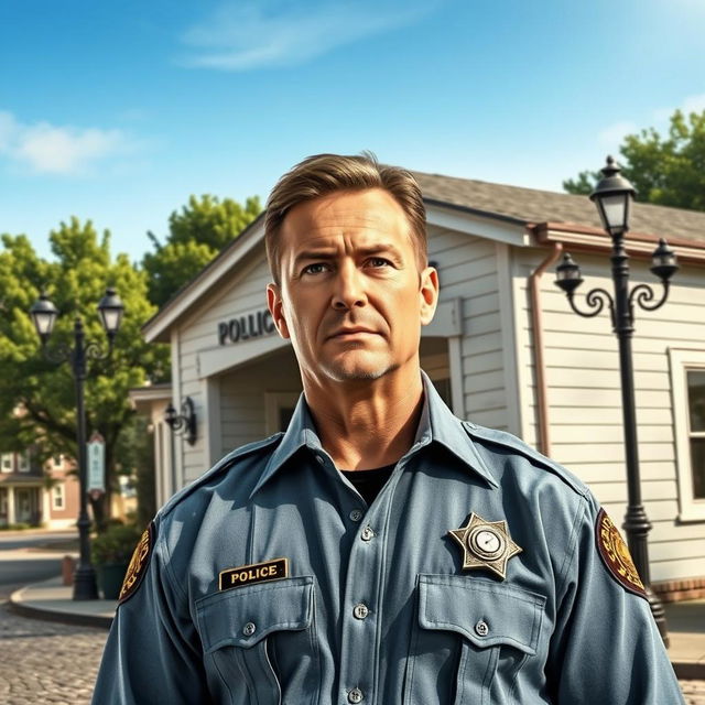 A movie poster featuring a charismatic and determined local law enforcement officer, standing in front of a small-town police station