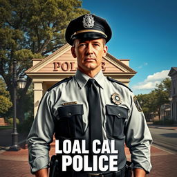 A movie poster featuring a charismatic and determined local law enforcement officer, standing in front of a small-town police station